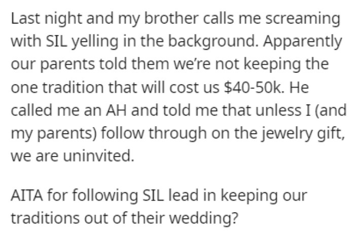 OP's Parents Told His Brother That They Won't Be Buying the SIL the Jewelry, and He Was Furious