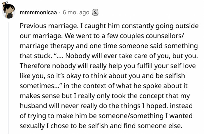 17. This lady who took her therapist's advice out of context and decided to cheat beause self-love