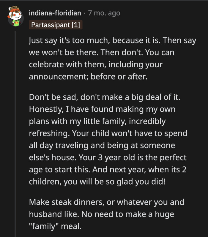 OP will have less stress if she chooses to have a simple Christmas in her own home with her own family