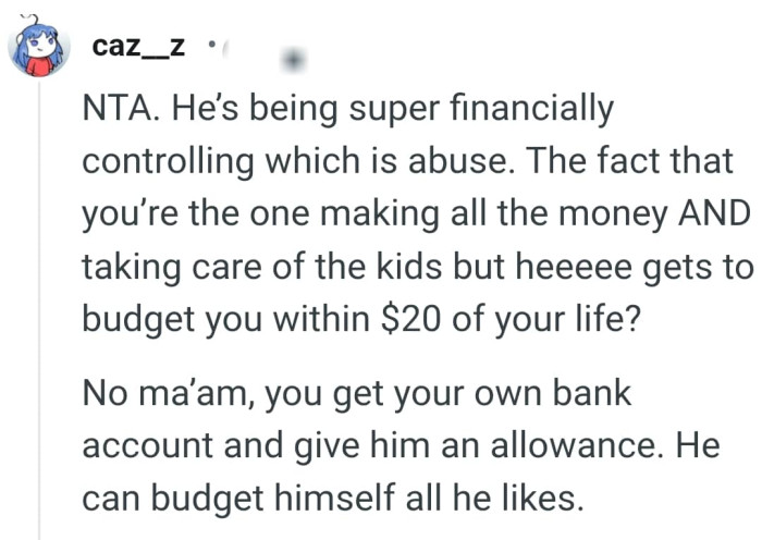 The OP should get her own bank account