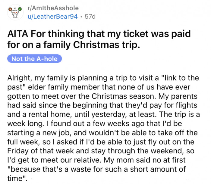 The OP shared a story about how her family was planning a trip over Christmas, and her parents had said they would be paying for all flights and accommodations.