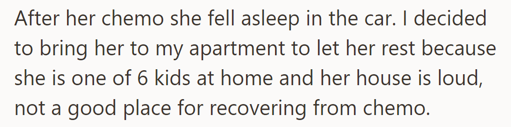 Phoebe napped after chemotherapy in a quiet escape at a friend's apartment, away from her bustling home.