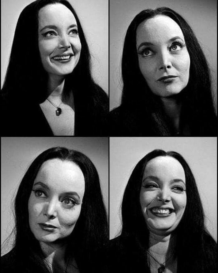 3. Carolyn Jones, embodying Morticia Addams, sends her eerie greetings for a delightfully macabre weekend