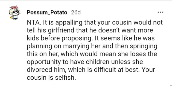 Your Cousin Is Selfish for Not Telling His Girlfriend the Truth