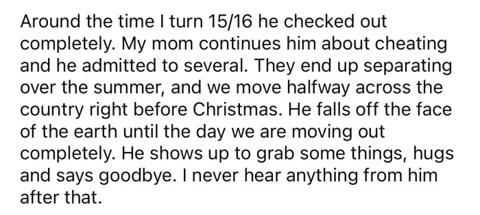However, her dad cheated on her mother several times before they eventually separated, and she never heard anything from him after that.