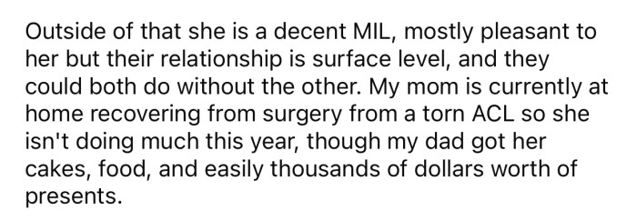 OP's wife and mom tolerate each other and aren't close at all.