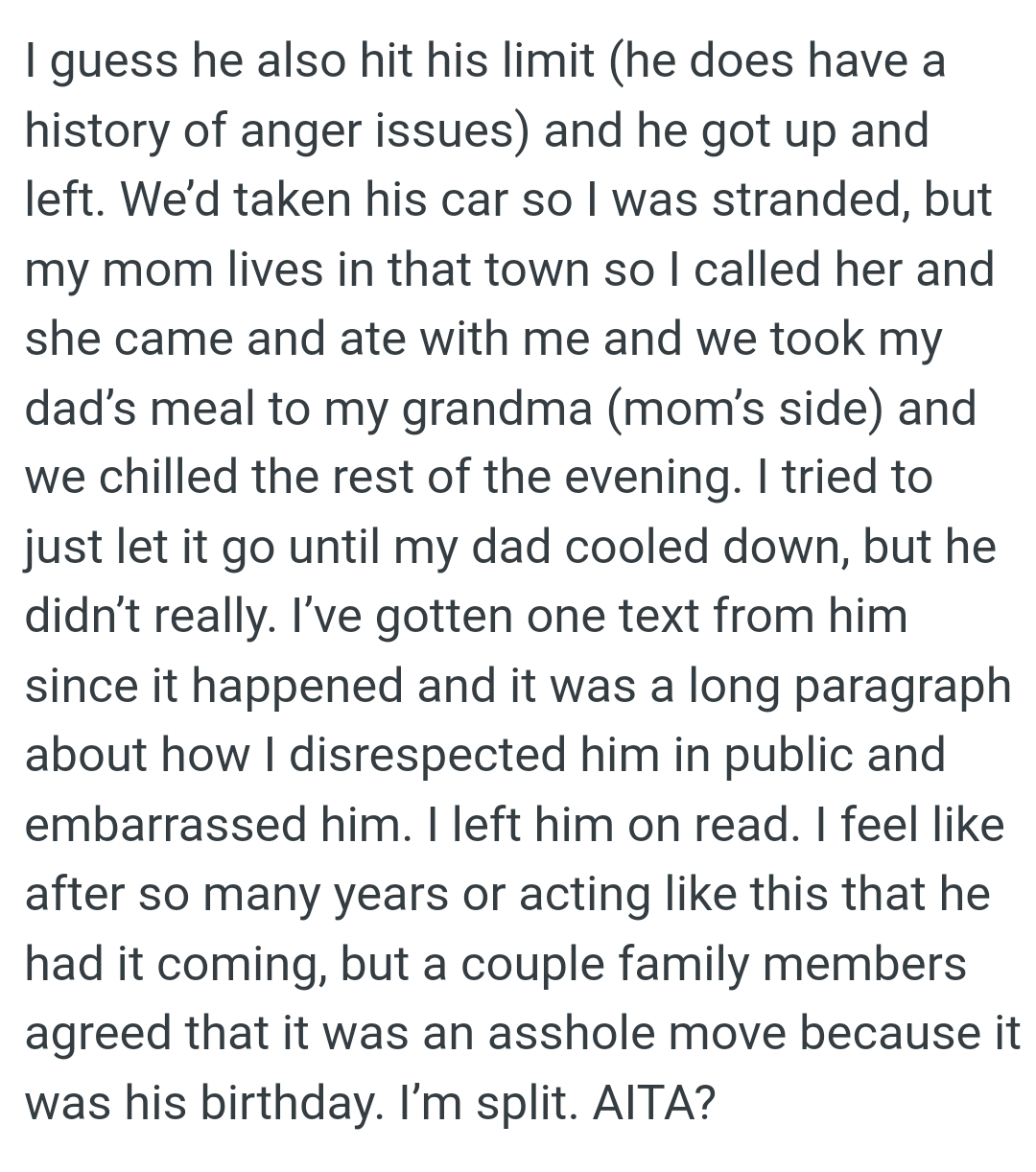 The OP has received one text from her dad since it happened, and it was a long paragraph