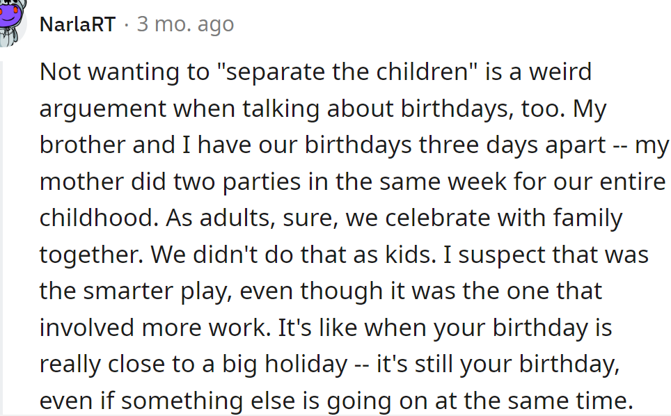 Redditors agreed that the celebrations should be separate.