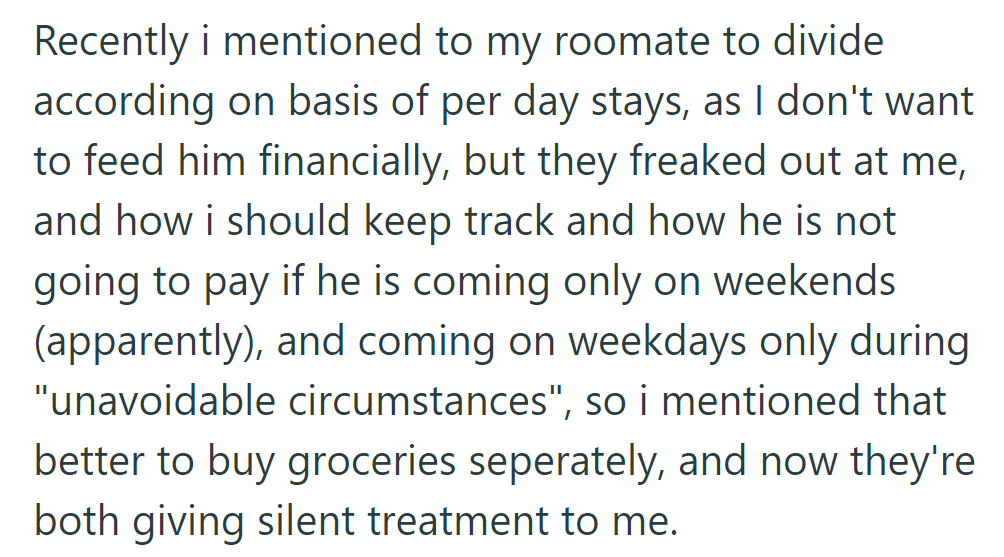 OP proposed expense sharing, but the roommate disagreed. They suggested separate groceries, leading to silence.