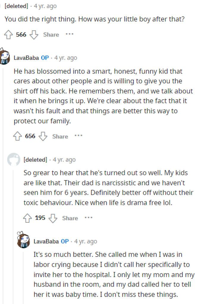 She did do the right thing, and we're so happy that OP's son is in a better spot and that he's healing from everything that happened.