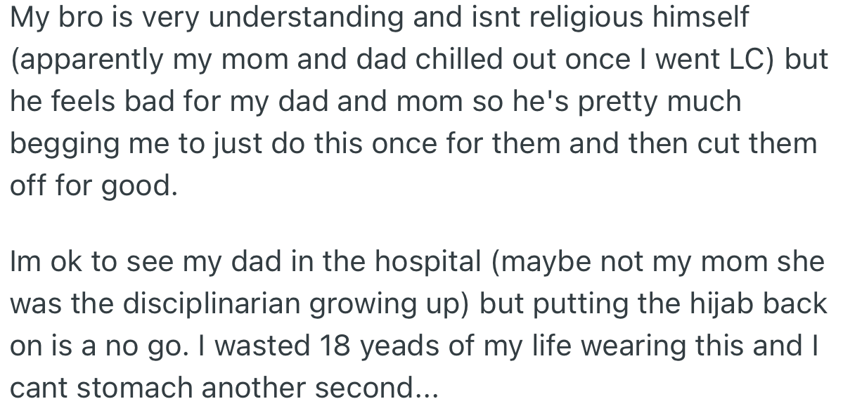 While OP wants to see her dad, she has no intention of putting on a hijab ever again