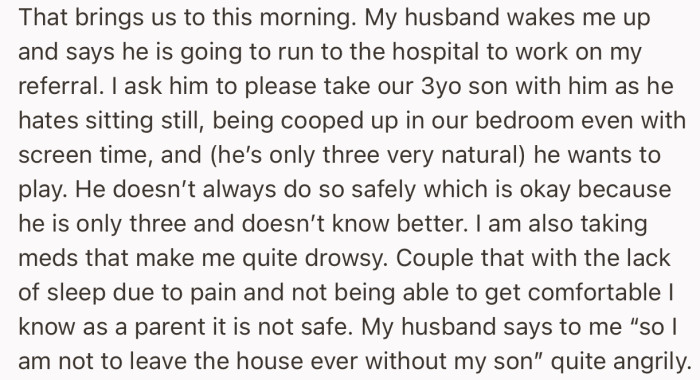The next morning, when OP’s husband tried to leave the house to work on her referrals, she asked him to take their 3-year-old along. This got him upset