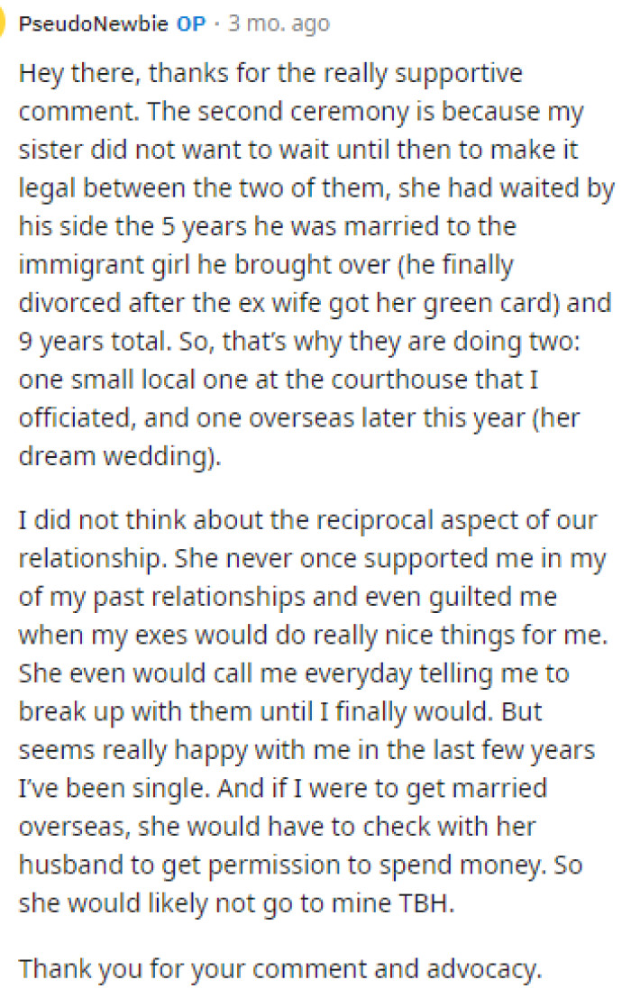 Here is OP's response to the comment above, where they thank them for their input and express appreciation for the advice given.