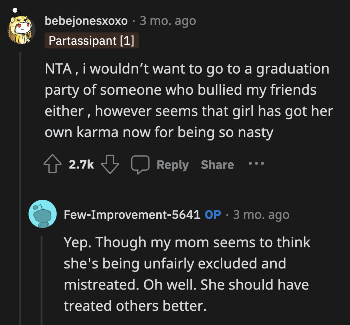 That was a big past her mom wanted OP to let go of. You can't just forget the face of the person who relentlessly terrorized your friends just because your mom married their dad.