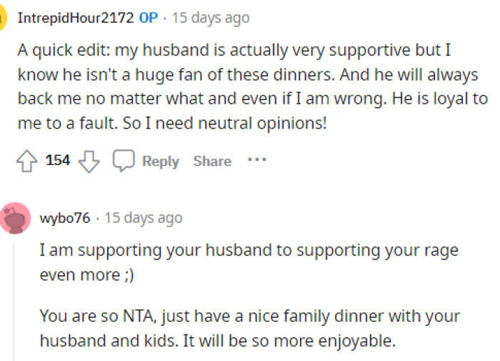 OP added an edit to the comments to provide more information on how her husband feels about this whole situation.