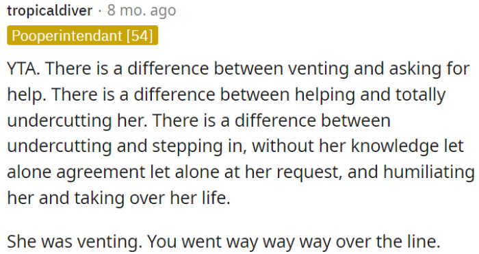 What occurred crossed boundaries: intruding without her permission, causing embarrassment, and assuming control when all she was doing was expressing her feelings.