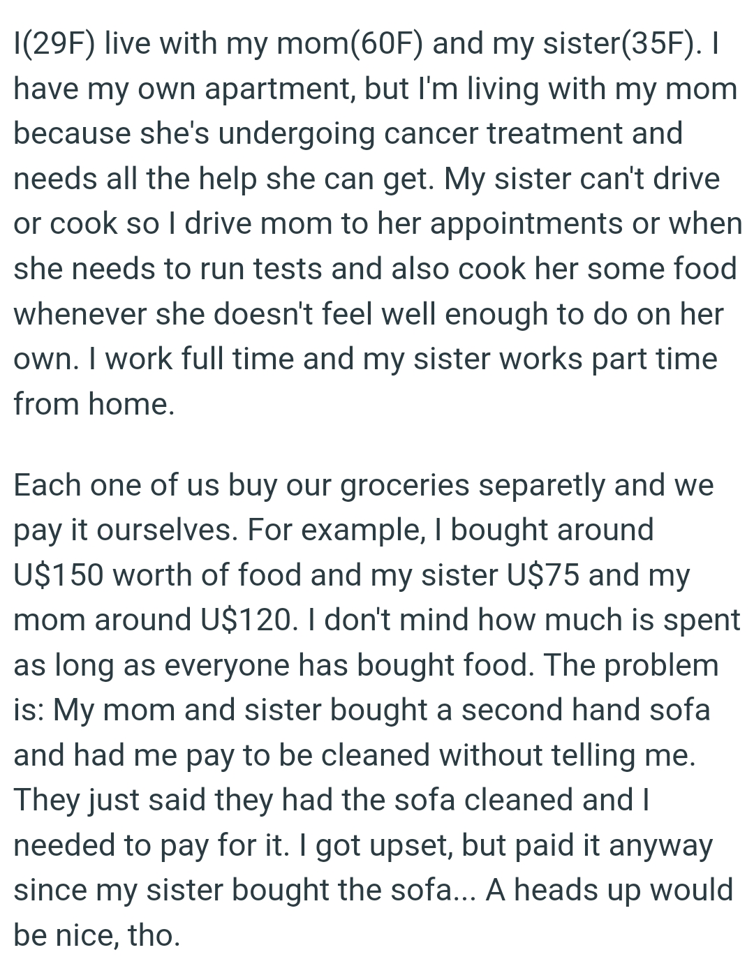 The OP drives her mom to her appointments or when she needs to run tests