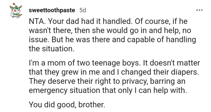 This Redditor is a mom to two teenage boys, and she's giving her 2 cents