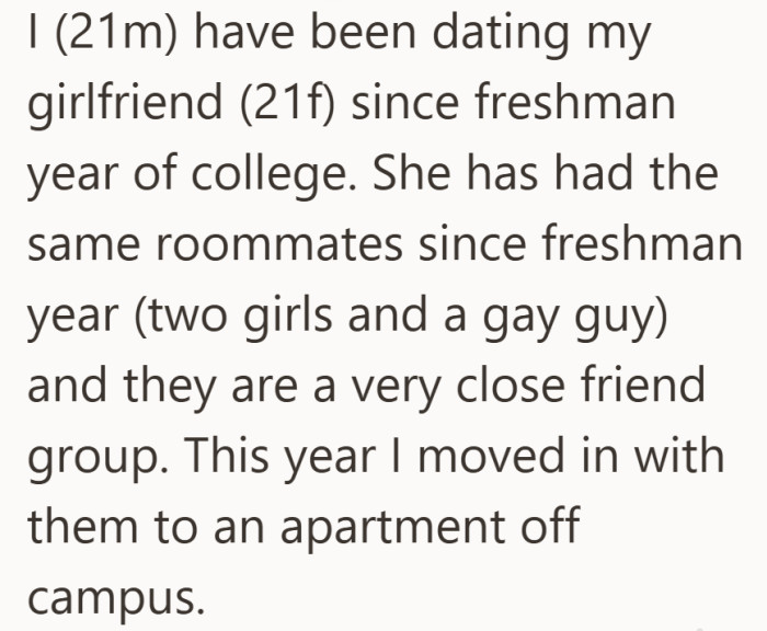 New apartment, new roommates, and one boyfriend (OP, yep) stepping into a friend group with history.