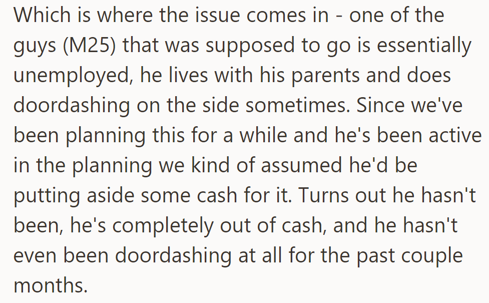 One friend (M25), who planned for the trip, is essentially unemployed, living with his parents, and hasn't saved any cash despite being involved in the planning.