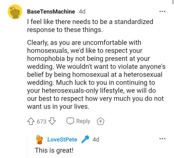 This Redditor provides the OP with a standard response