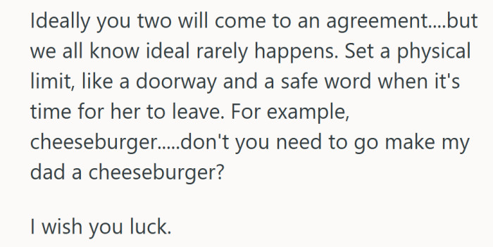 The “cheeseburger” safe word got a laugh, offering a lighthearted fix for a situation that clearly needs a softer exit strategy.