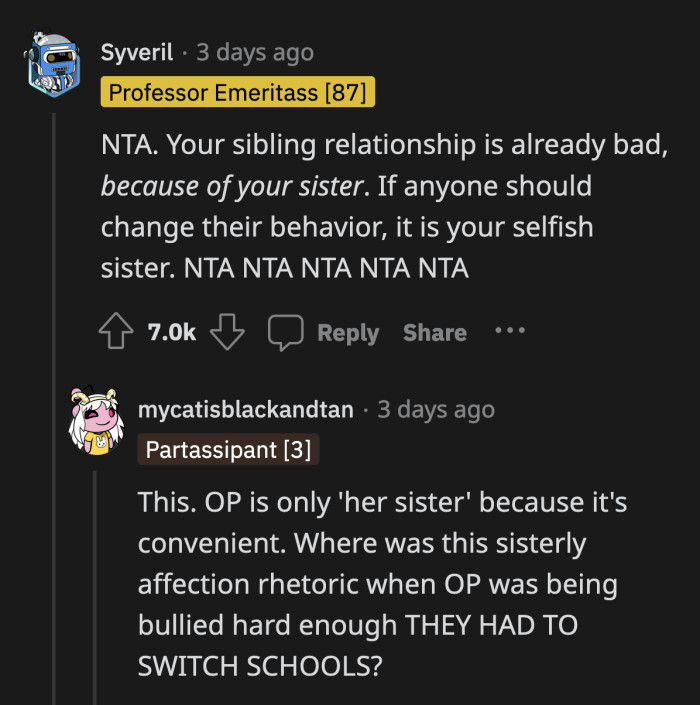 Bold move on the sister to lay all the blame at OP's feet when she facilitated her bullying