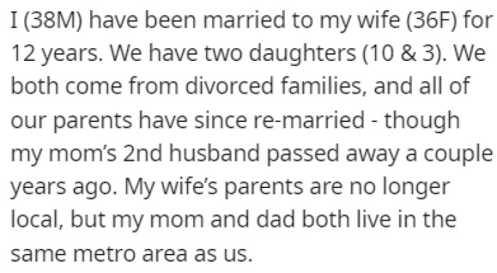 OP has been married to his wife for 12 years, and they both come from divorced families