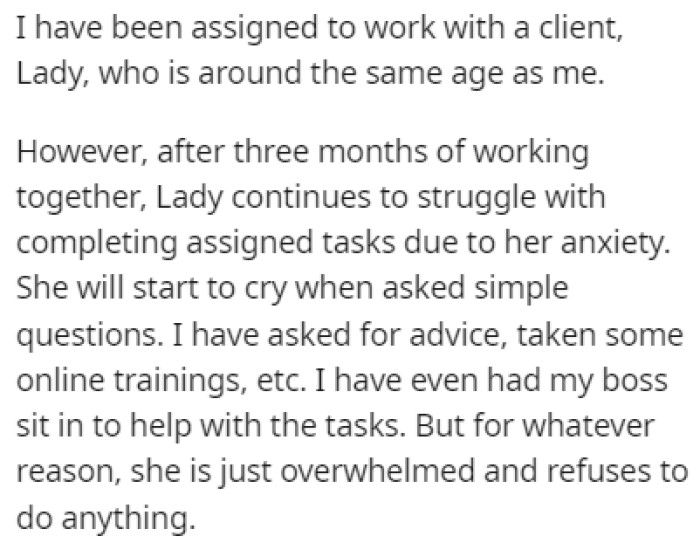OP has been working with a client, Lady, for about three months
