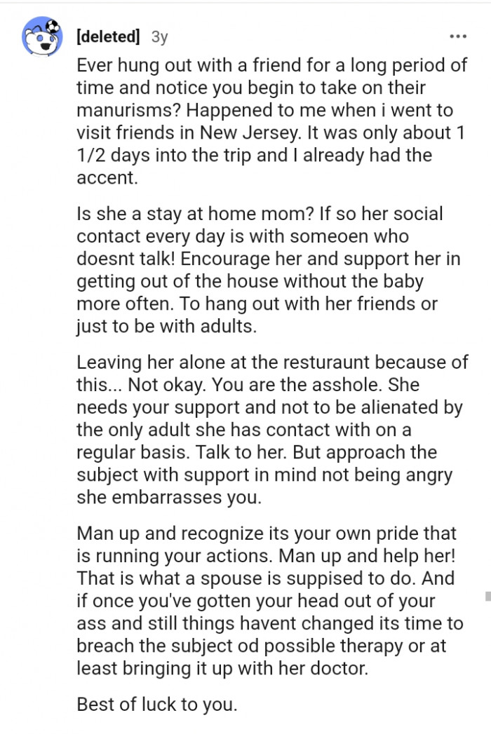 It's not okay to leave her at a restaurant because of this