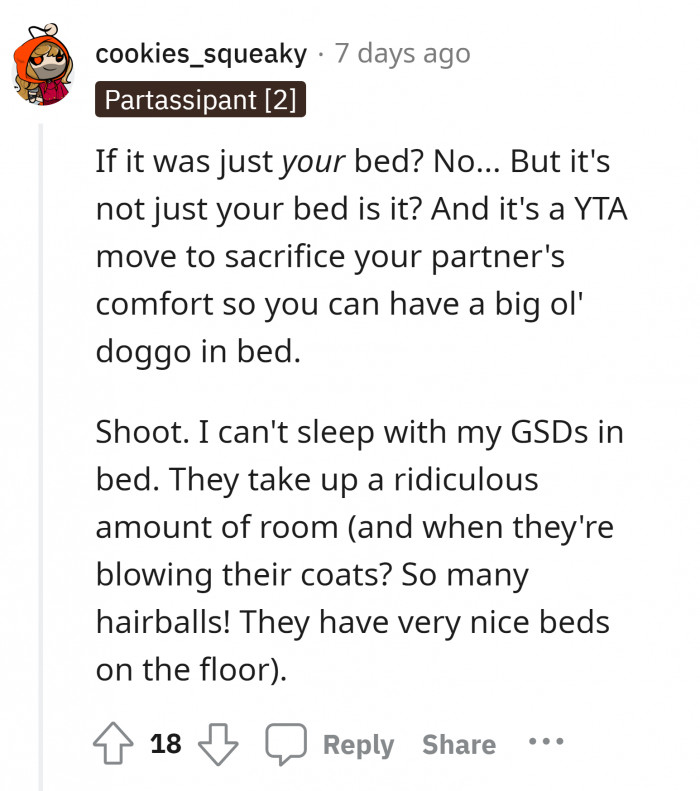 Your boyfriend is considerate by letting your dog sleep for your comfort in the first place, but also keep in mind that it's not your house.