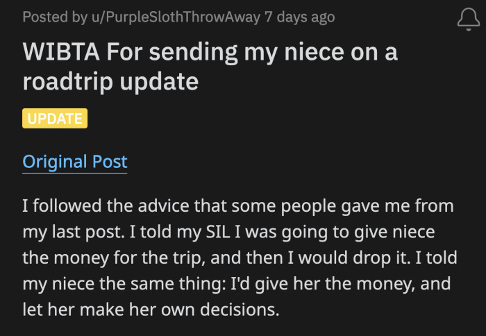 OP posted an update a few months later. She took the suggestion and gave the money to her niece. She told both mom and daughter that it would be the last time she would talk about it.