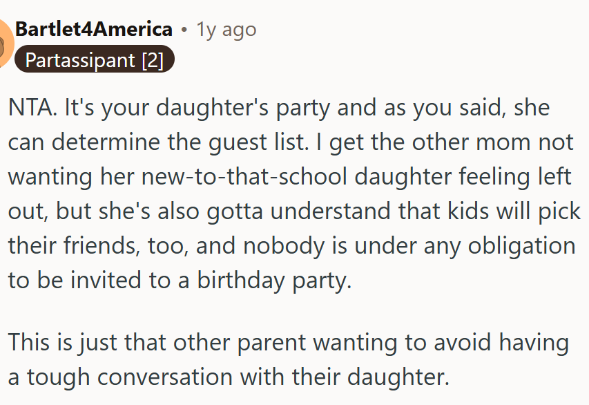 Her daughter can determine the guest list.