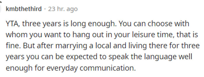 Ultimately, most people actually think that OP is the antagonist, even though they said they don't have enough information. People believe she should have learned the language much earlier.