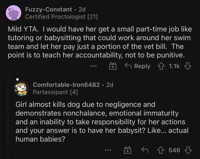 “The point is to teach her accountability, not to be punitive.”