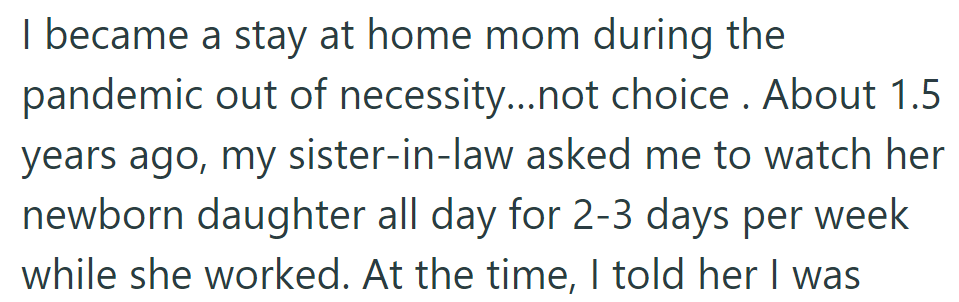 OP became a stay-at-home mom — her sister-in-law needed her to watch her newborn daughter during the pandemic.