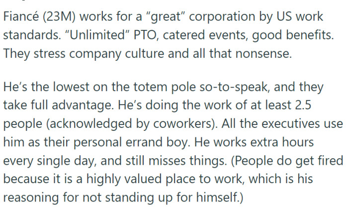 Her fiancé works for a great company, but he also works a lot