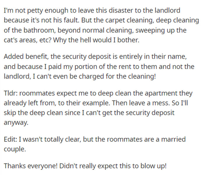 They get into the details of the cleaning situation, and it just seems like OP isn't okay with having to do all the deep cleaning, and we don't blame them.