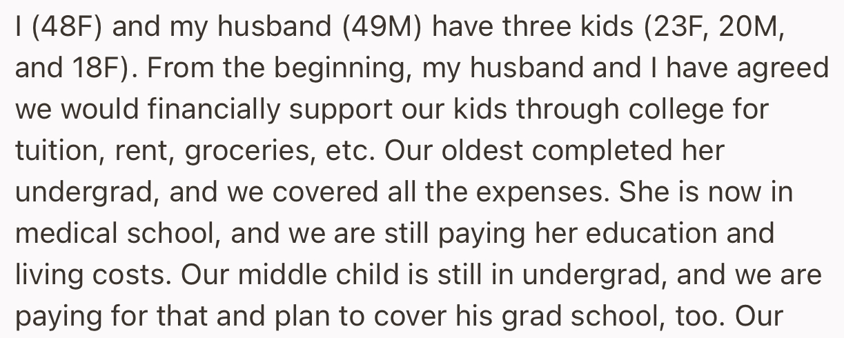 OP and Her Husband Made It a Goal to Financially Support Their Kids Through College in Every Aspect That Would Make Them Comfortable