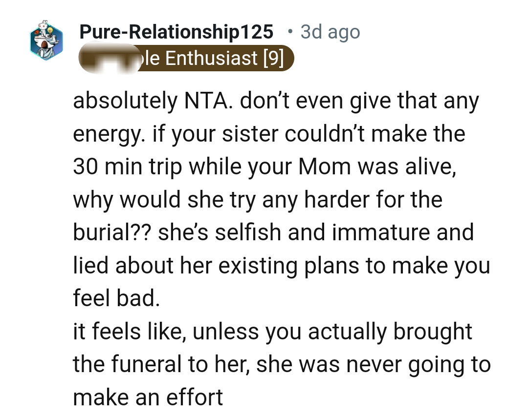 OP's sister is selfish and immature