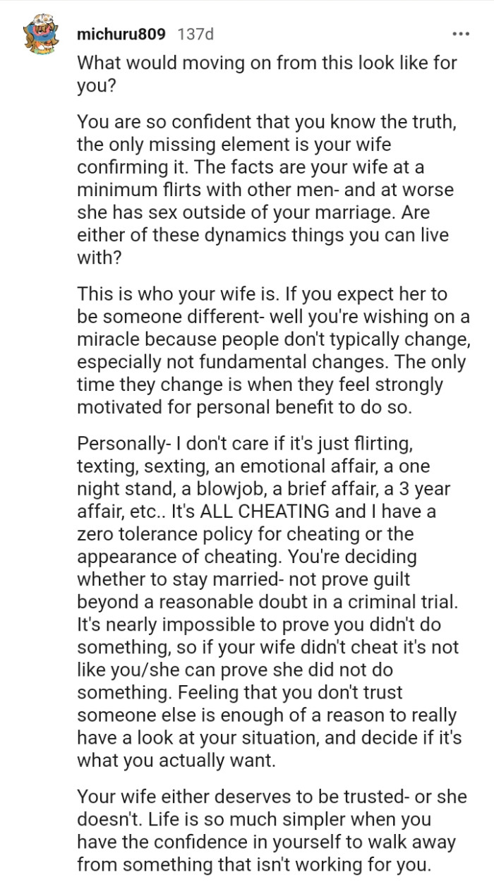 The Facts Are That OP's Wife, at a Minimum, Flirts with Other Men