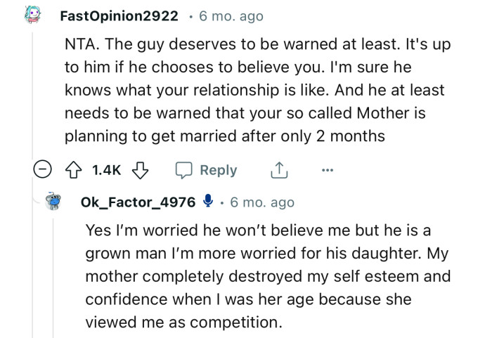 “NTA. The guy deserves to be warned at least. It's up to him if he chooses to believe you.”