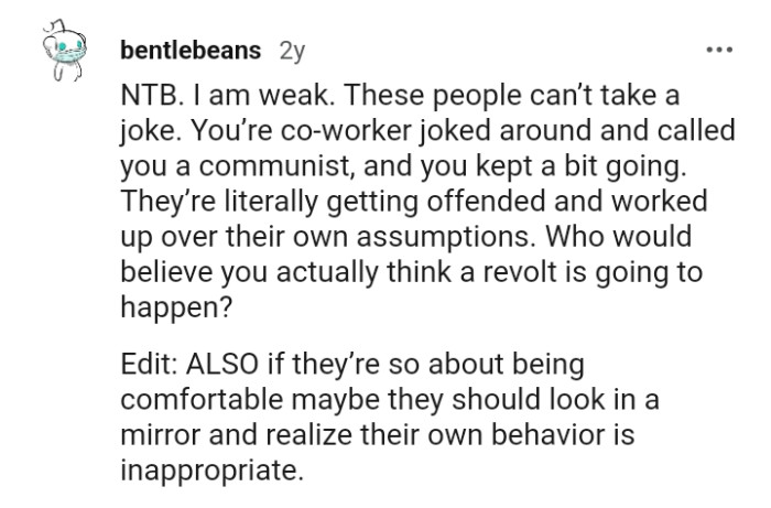 The OP is a coworker who joked around and was called a communist