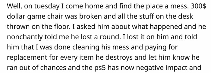 Then one time, the final straw happened when OP came home to a big and expensive mess because he lost a round