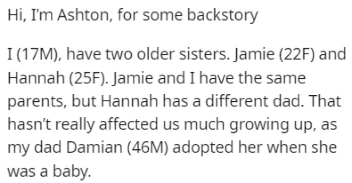 OP has two older sisters, one of whom is his stepsister