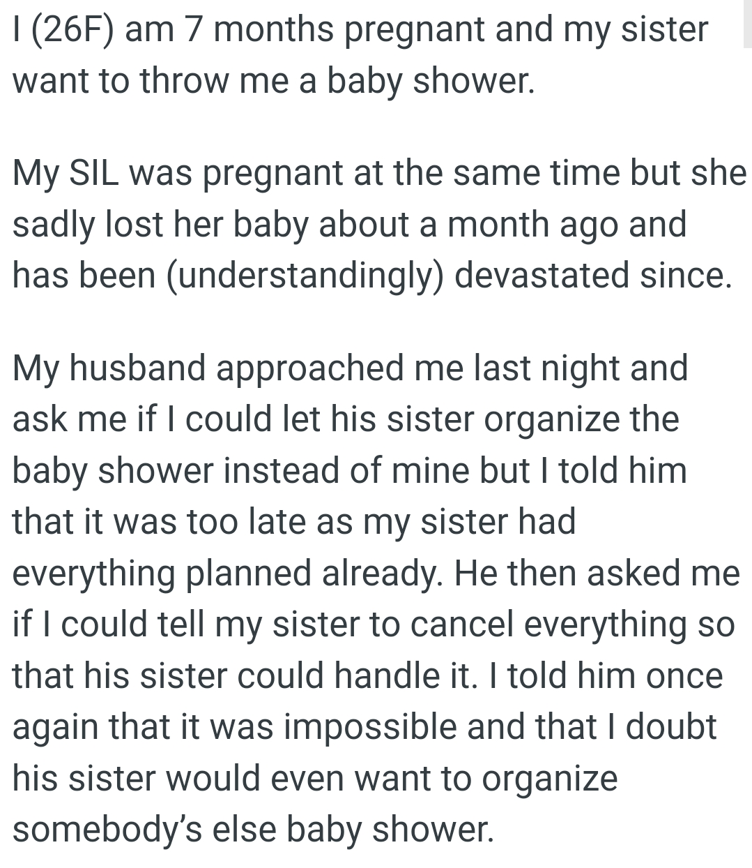 OP's Husband Approached Her, Asking If She Could Let His Sister Organize the Baby Shower