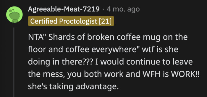 They did correctly point out that OP's GF is taking advantage of his refusal to live in a dirty home.