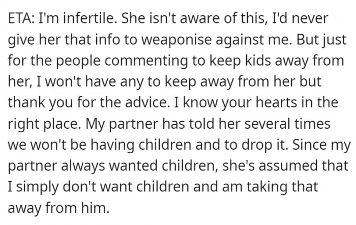 MIL isn't aware that OP is infertile, though