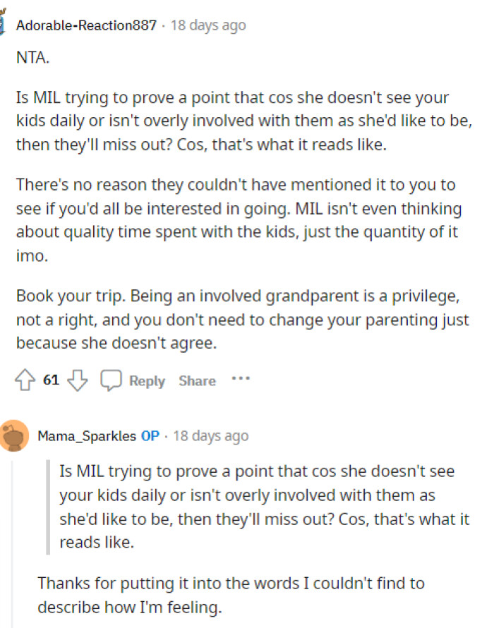 It is clear that everyone told OP that she is NTA here and that her in-laws are definitely in the wrong for leaving them out.