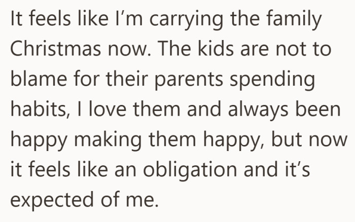 What began as joy now feels like a duty, and she’s the only one still holding the tradition up.